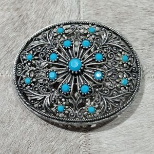 Western Silver and Turquoise Ornate Belt Buckle Rodeo Cowgirl